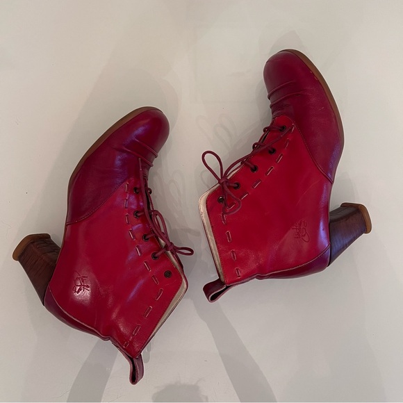 JOHN FLUEVOG Leather Lace-Up Ankle Boots Rounded Toe Red - Picture 14 of 15